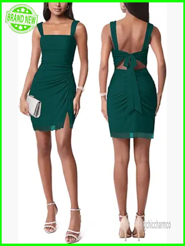 Sexy Mesh Tie Low Back Square Neck Bodycon Ruched Mini Dress Club Party